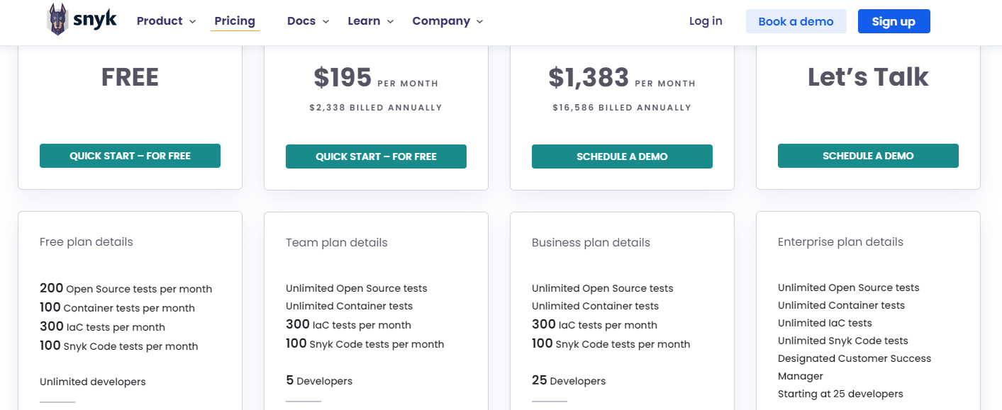 Snyk pricing page